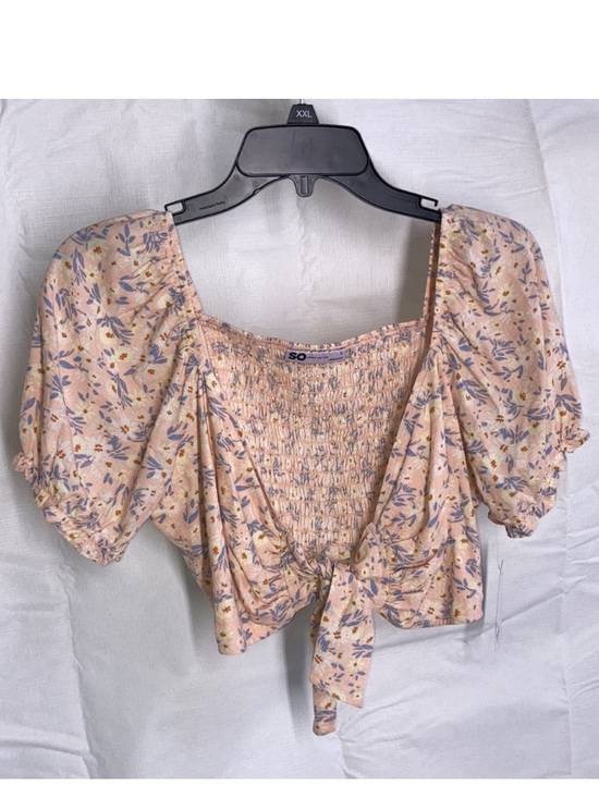 SO Tops - SO top floral print tie front smocked back puff sleeve crop top boho L jrs